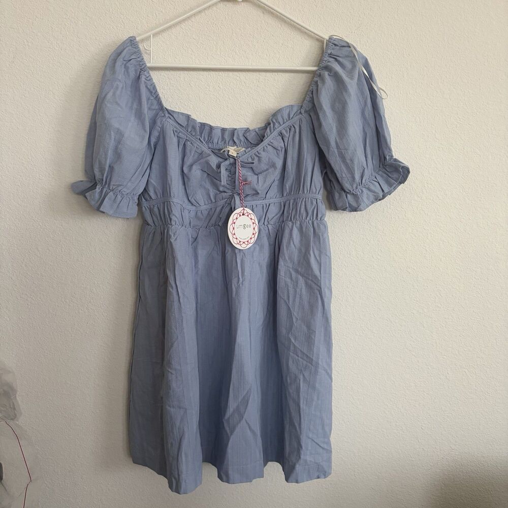 NWT UMGEE Women’s Balloon Sleeve Babydoll Lined Mini Blue Dress Sz Large Bows